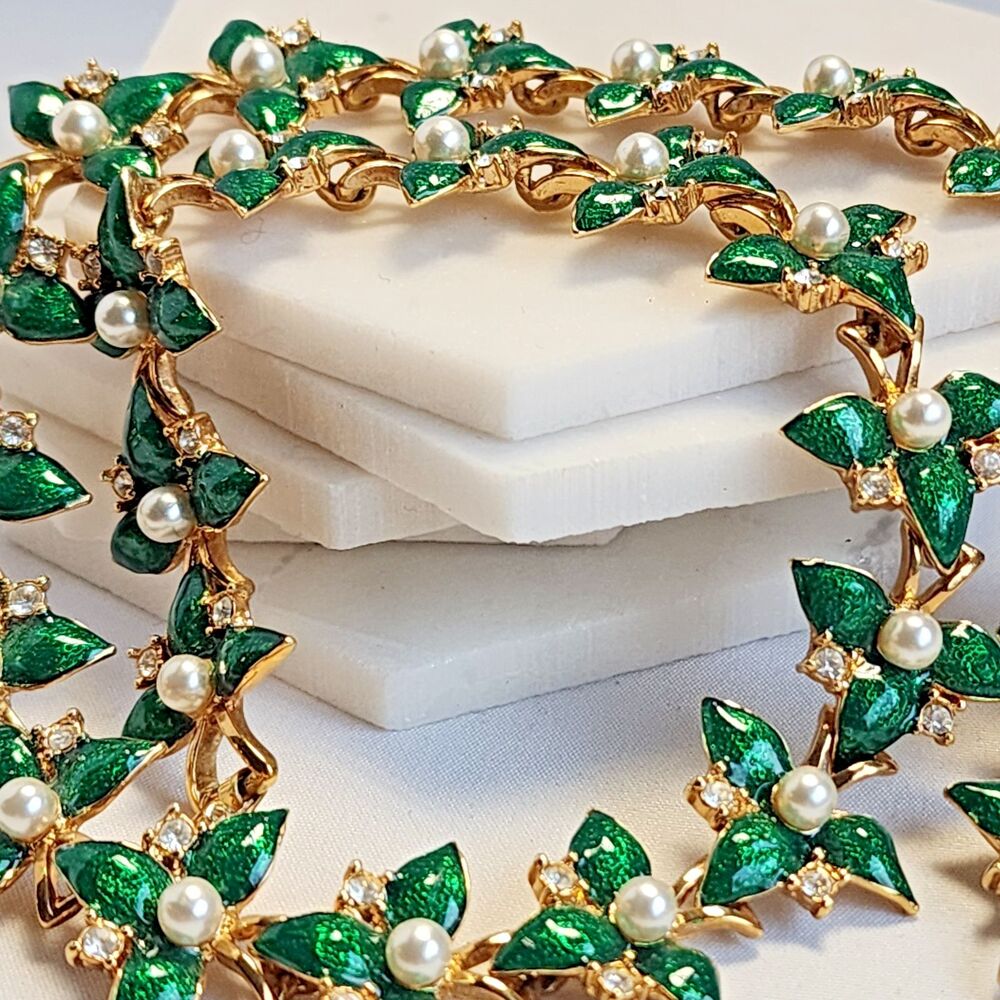 Museum Reproductions Fabergé Inspired Green Enamel Flower Necklace 16"